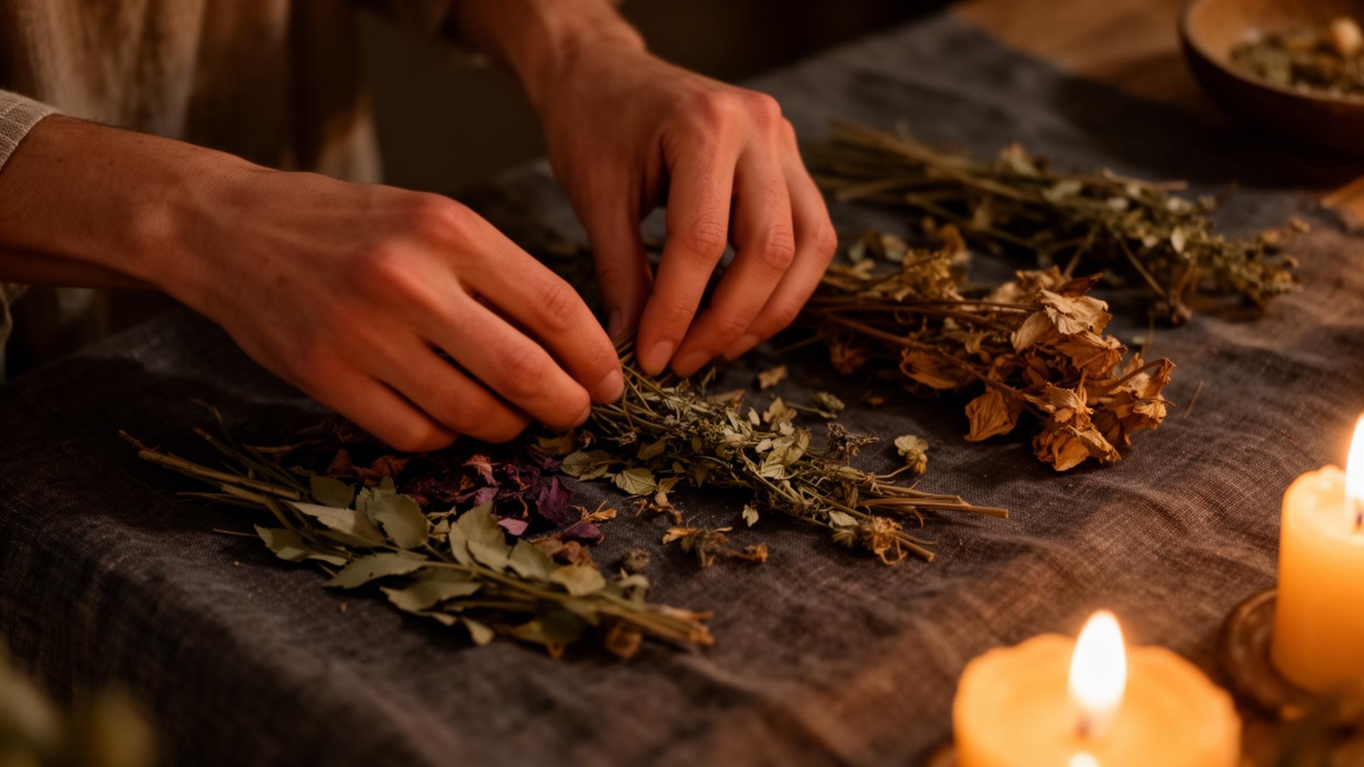 Hands tending dried herbs by candlelight